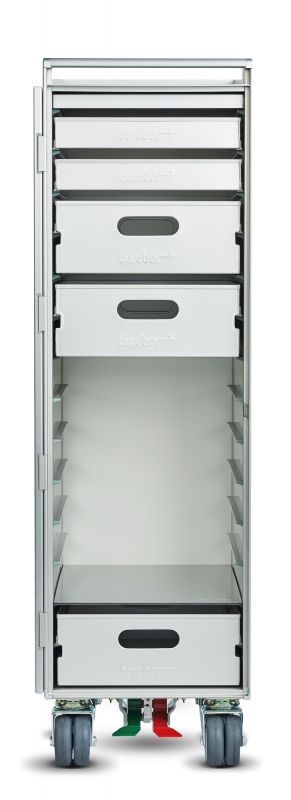 Bordbar Office Equipment Set: Silberner Rollwagen mit Schubladen und Zubehör für Büroorganisation.